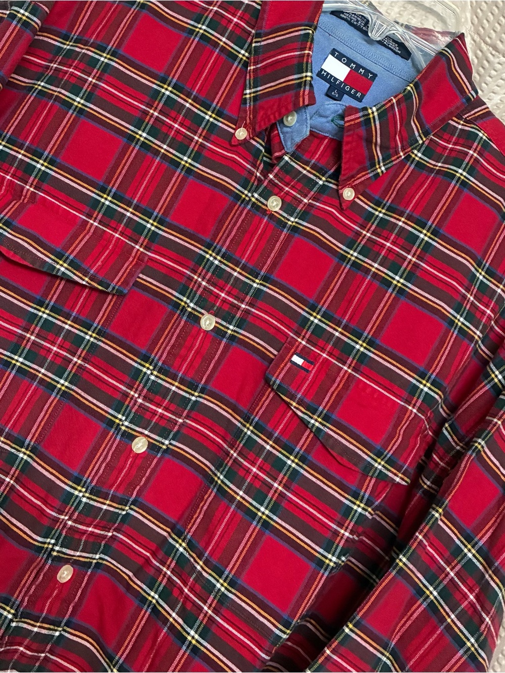 Tommy Hilfiger Red Tartan Plaid Long Sleeve Oxford Shirt Size Large